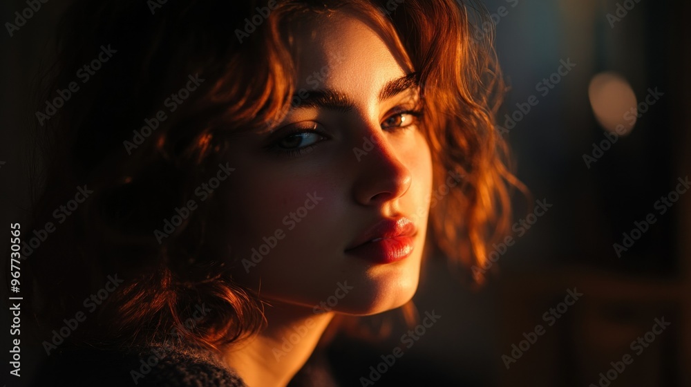 A close-up portrait of a young woman illuminated by soft, warm light. A close-up portrait of a young woman illuminated by soft, warm light.