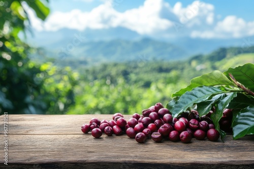 Wallpaper Mural coffee beans and coffee cherries with leaves on wooden desk with the mountain clouds and blue sky background. Torontodigital.ca