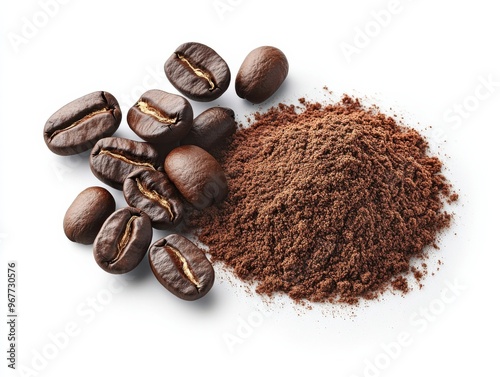 coffee beans with ground coffee on white background