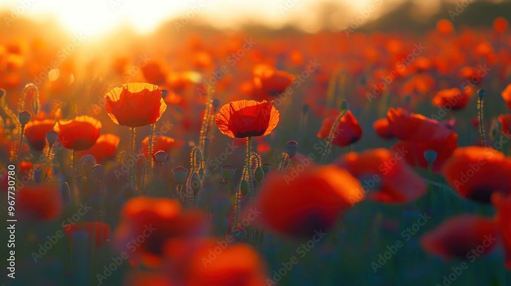 Fototapeta premium A vibrant field of poppies illuminated by sunset, creating a serene and picturesque scene.