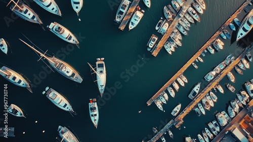 Aerial view of a marina filled with various boats and yachts.