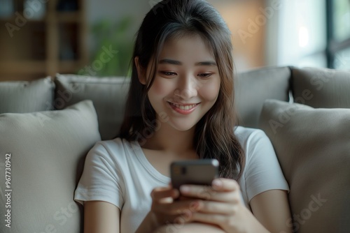 A cheerful young woman sits on a sofa, smiling as she engages with her smartphone, exuding happiness and relaxation in a cozy living room setting.