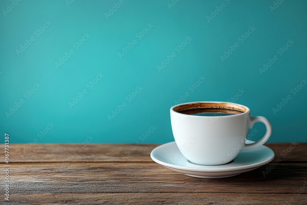white hot coffee cup on wood table with blue plain color background. white hot coffee cup on wood table with blue plain color background.