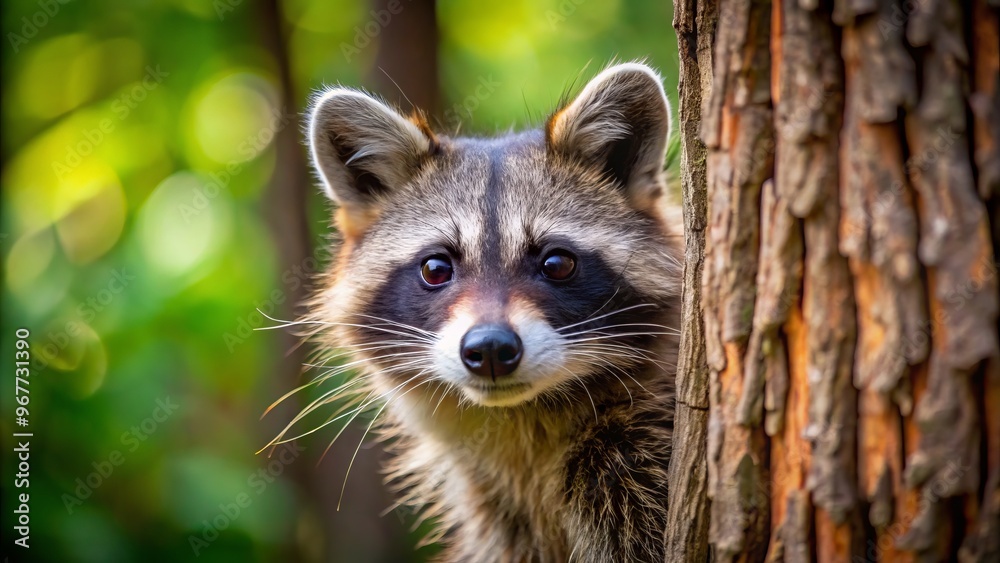 A curious raccoon, also known as a mapache, peers out from behind a tree trunk, its masked face A curious raccoon, also known as a mapache, peers out from behind a tree trunk, its masked face