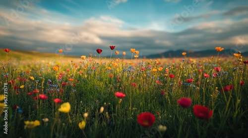 A vibrant field of wildflowers under a cloudy sky, showcasing nature's beauty.