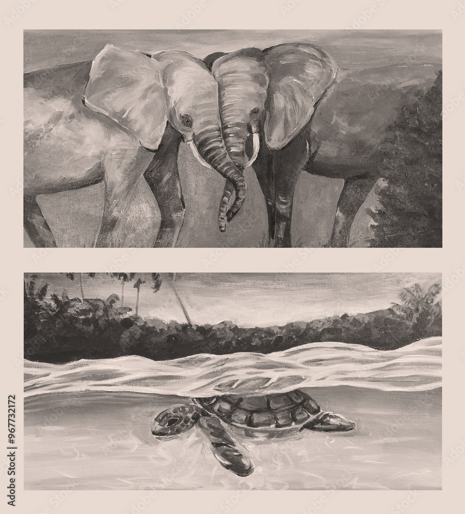 Naklejka premium Acrylic on canvas. Two elephants with turtle.