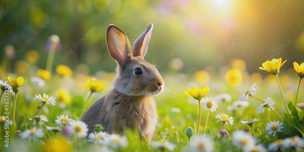 Easter bunny on a flower meadow, Easter, bunny, spring, flowers, meadow, colorful, nature, holiday, celebration, cute, hare Easter bunny on a flower meadow, Easter, bunny, spring, flowers, meadow, colorful, nature, holiday, celebration, cute, hare