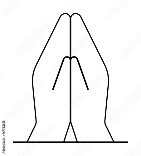 Simple line drawing of two hands together in a prayer position. Ideal for spirituality, meditation, mindfulness, religion, inner peace. Minimalist style.