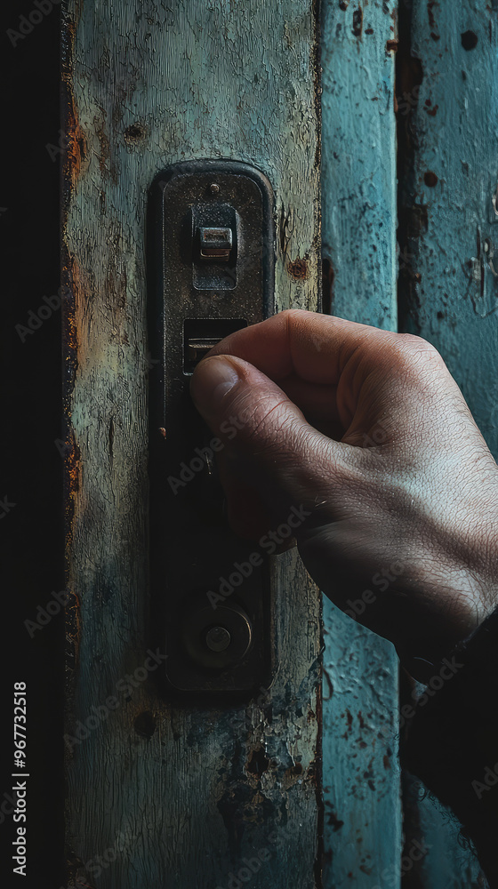 A close up of persons hand reaching for safety switch on weathered door. texture of old wood and metallic switch evoke sense of nostalgia and curiosity A close up of persons hand reaching for safety switch on weathered door. texture of old wood and metallic switch evoke sense of nostalgia and curiosity