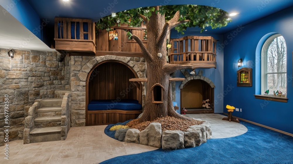 Fototapeta premium A whimsical treehouse playroom with a large, faux tree, stone walls, and a blue carpet.