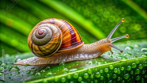 A delicately patterned snail slowly makes its way across a vibrant green leaf, its slender antennae twitching as photo