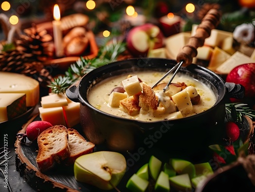 Festive Cheese Fondue Spread with Gruyre Emmental Breads Apples and Vegetables photo