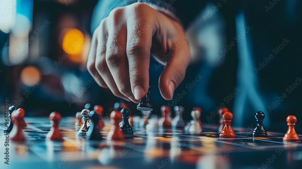 Close-up Coach's Hand Moving Game Pieces on Strategy Board for Tactical Planning Close-up Coach's Hand Moving Game Pieces on Strategy Board for Tactical Planning