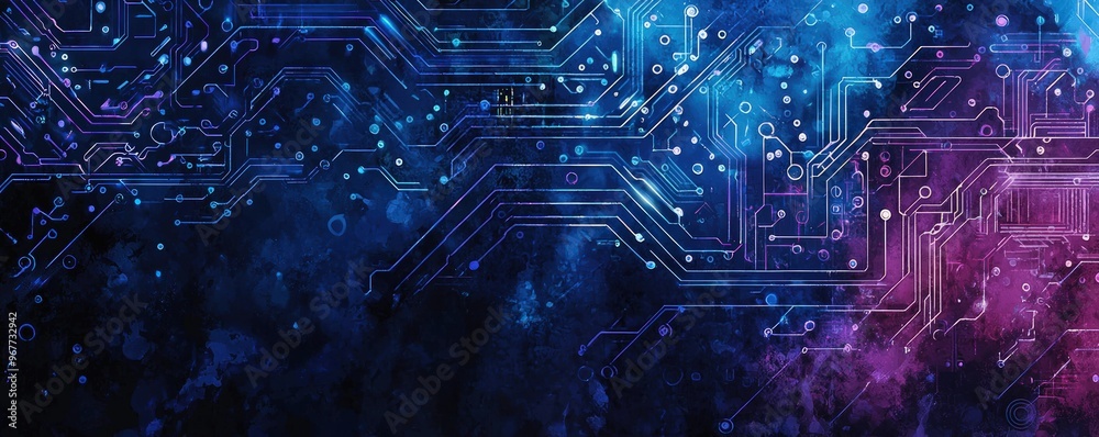 Fototapeta premium Abstract Digital Circuitry - Neon Glowing Lines and Grunge Texture.