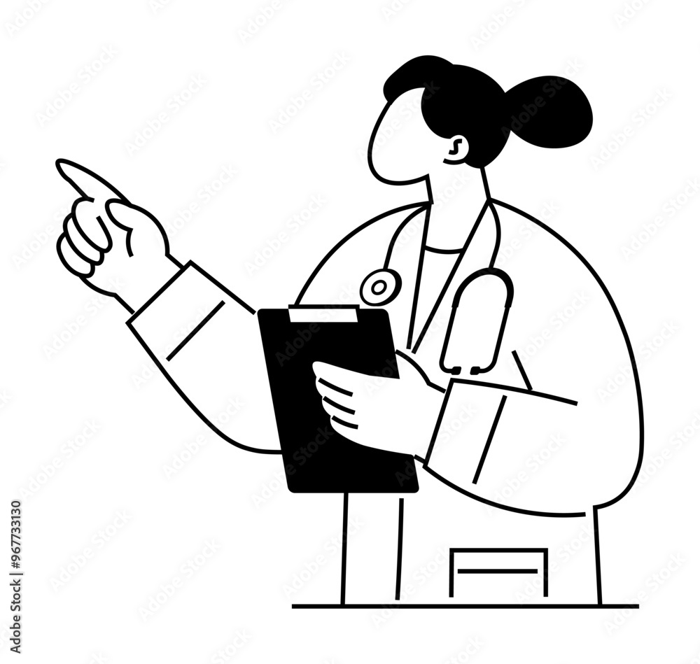A healthcare worker holding a clipboard and pointing, likely giving instructions or explanations. Ideal for healthcare, medical advice, doctor consultations, educational materials, and hospital A healthcare worker holding a clipboard and pointing, likely giving instructions or explanations. Ideal for healthcare, medical advice, doctor consultations, educational materials, and hospital