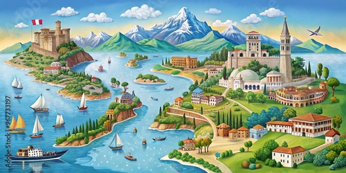 A detailed illustration of Italy's geographical landscape, showcasing its borders, regions, cities, and notable #967733197