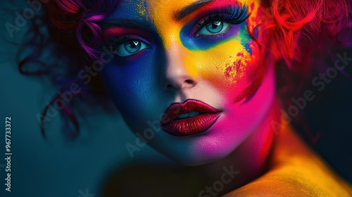 A vibrant portrait of a woman with colorful face paint and expressive features.