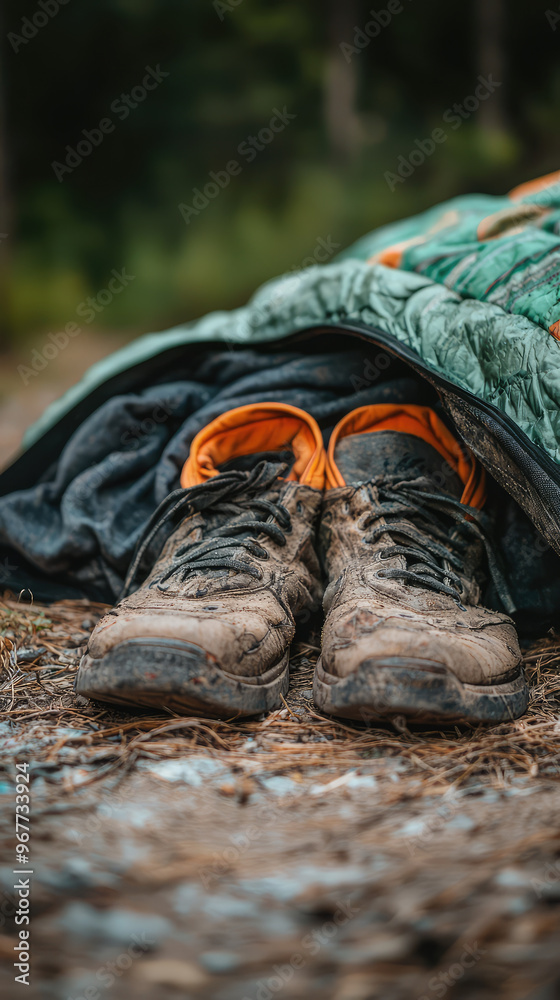 Worn out shoes are placed next to sleeping bag, evoking sense of adventure and outdoors. scene captures essence of exploration and comfort of resting after long journey Worn out shoes are placed next to sleeping bag, evoking sense of adventure and outdoors. scene captures essence of exploration and comfort of resting after long journey