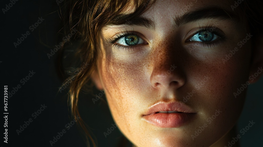 A woman with a tan face and blue eyes A woman with a tan face and blue eyes
