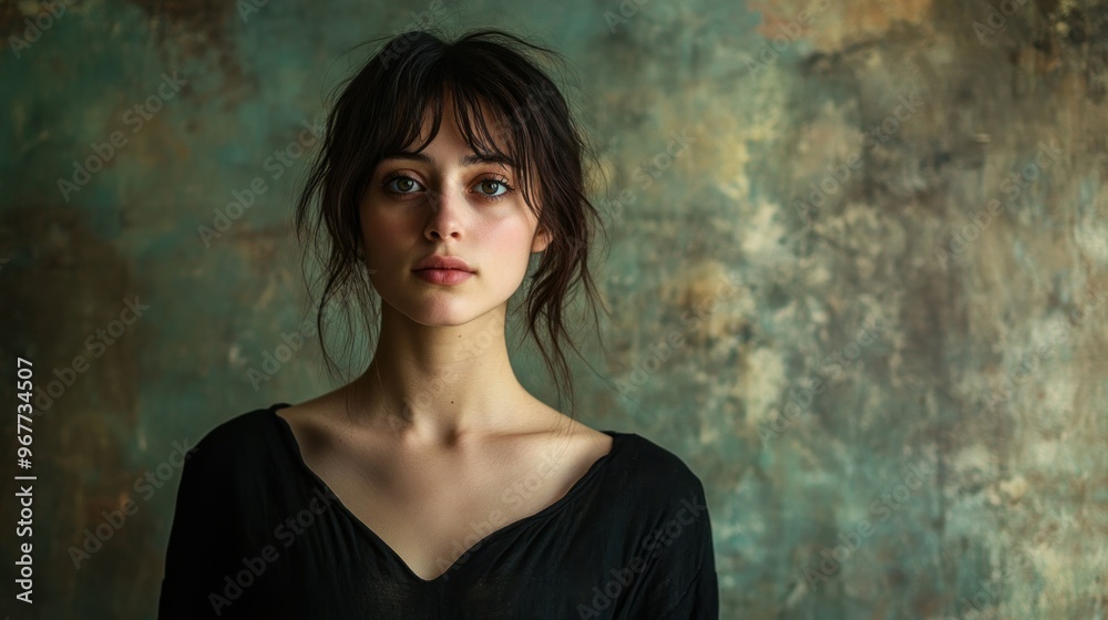 A portrait of a young woman with a soft expression against a textured background. A portrait of a young woman with a soft expression against a textured background.
