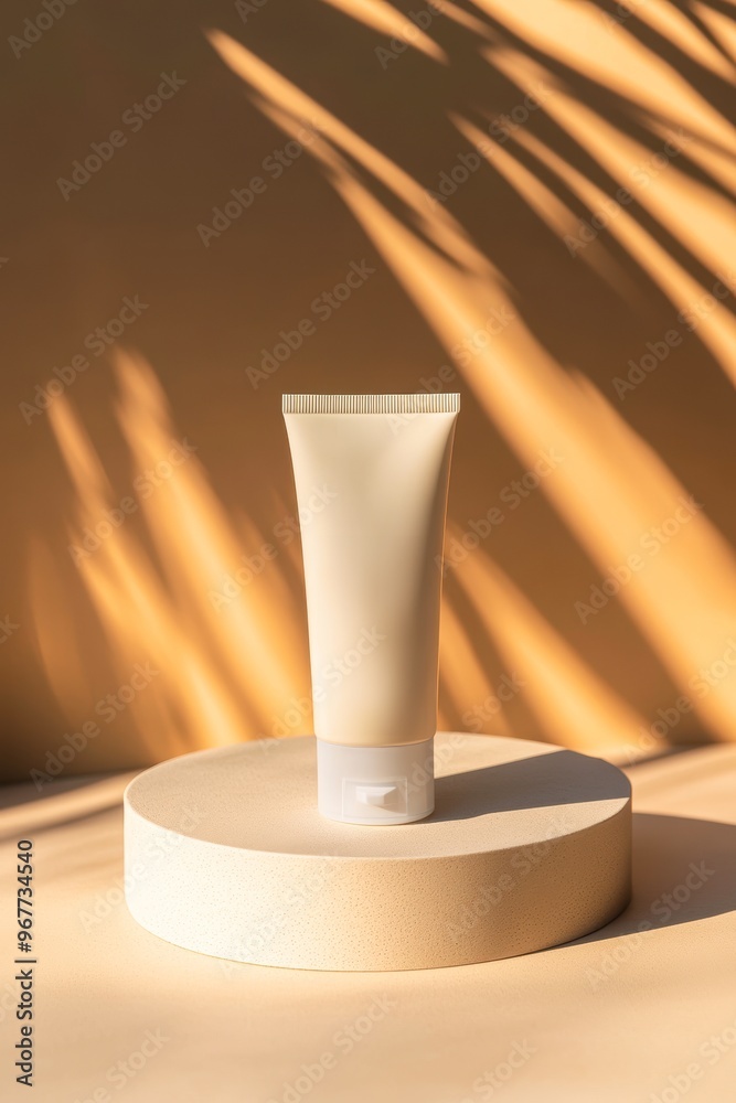 Beige cosmetic tube on minimal pedestal with warm sunlight and artistic shadows, perfect for product advertising and skincare promotions, Beige cosmetic tube on minimal pedestal with warm sunlight and artistic shadows, perfect for product advertising and skincare promotions,