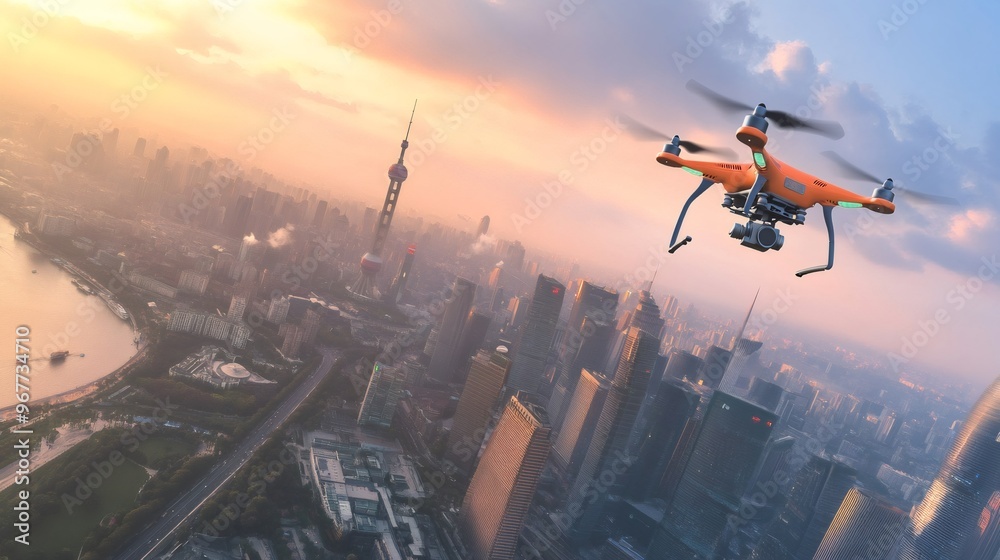 Drone flying over a modern city skyline at sunset. Drone flying over a modern city skyline at sunset.