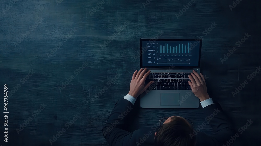 Fototapeta premium Overhead view of businessmen working on laptops with financial graphs and spreadsheets, teamwork, financial analysis