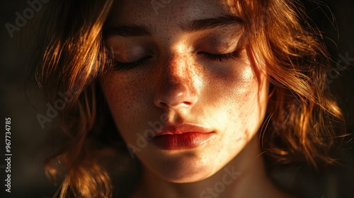 A close-up portrait of a young woman with closed eyes, illuminated by soft light.