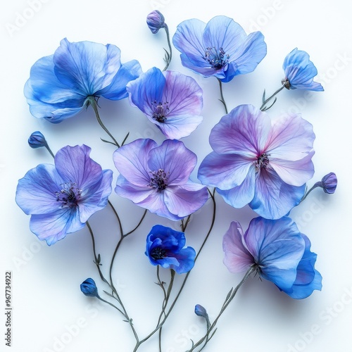 Beautiful blue and purple flowers with delicate petals on a white background perfect for nature-themed designs, greeting cards, and home decor, #967734922