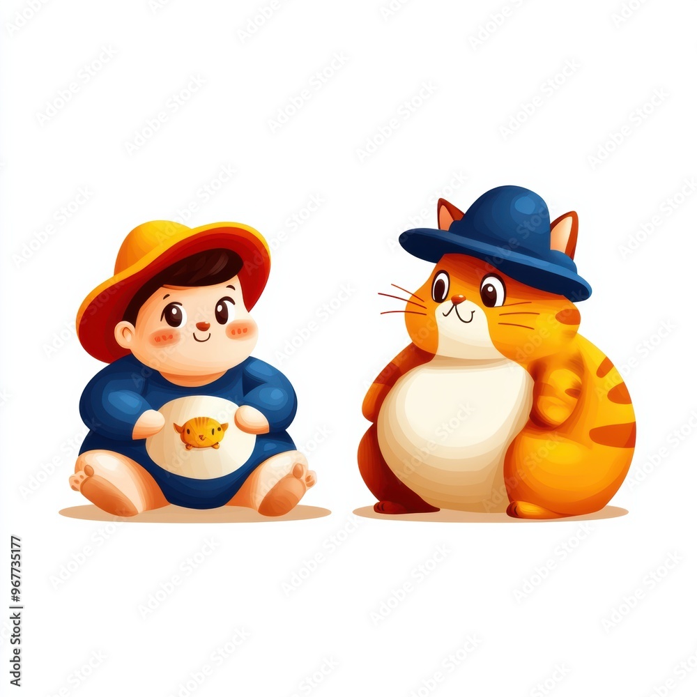 A cheerful child and a friendly cat wearing hats, showcasing a playful and whimsical interaction. Perfect for children's themes. A cheerful child and a friendly cat wearing hats, showcasing a playful and whimsical interaction. Perfect for children's themes.