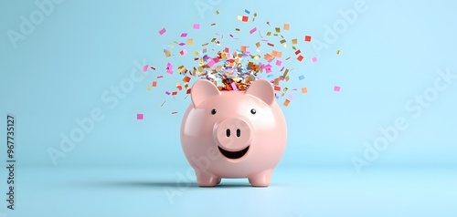 Celebrating Payday! A Piggy Bank Overflowing with Colorful Confetti on a Bright Blue Background. Pay Day Concept