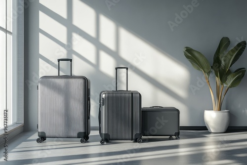 Elegant travel luggage set, including a suitcase and carry-on, arranged in a contemporary studio setting, showcasing style and practicality photo