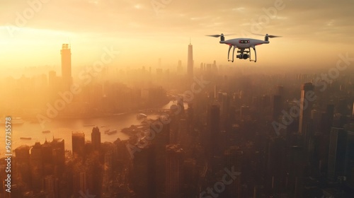 Drone flying over a city skyline at sunset with the sun creating a hazy orange glow over the buildings.