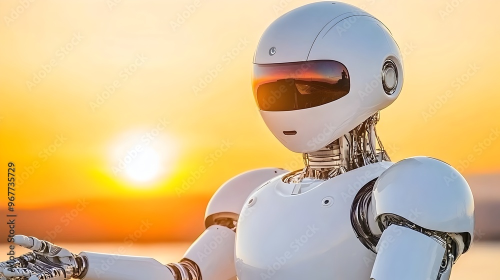 Naklejka premium Futuristic Chrome Robot Standing Against Vibrant Sunset Sky