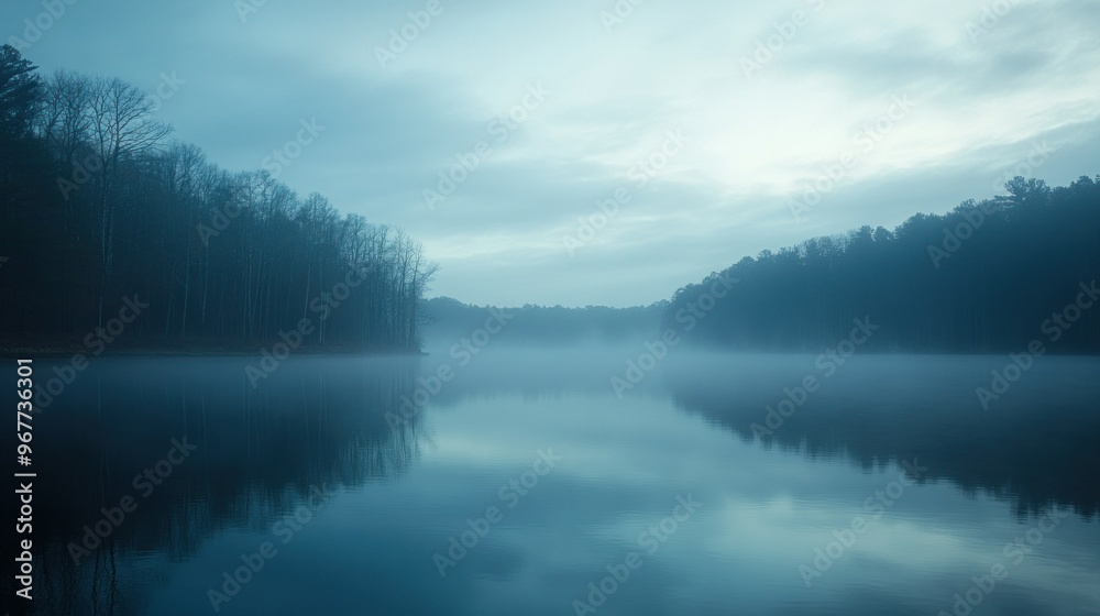 A serene lake at dawn, shrouded in mist, reflecting the tranquil surroundings. A serene lake at dawn, shrouded in mist, reflecting the tranquil surroundings.