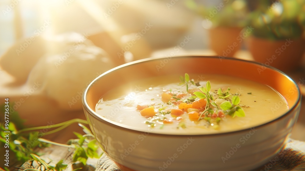 Comforting Vegetable Cream Soup Served in a Rustic Ceramic Bowl on a Wooden Table Comforting Vegetable Cream Soup Served in a Rustic Ceramic Bowl on a Wooden Table