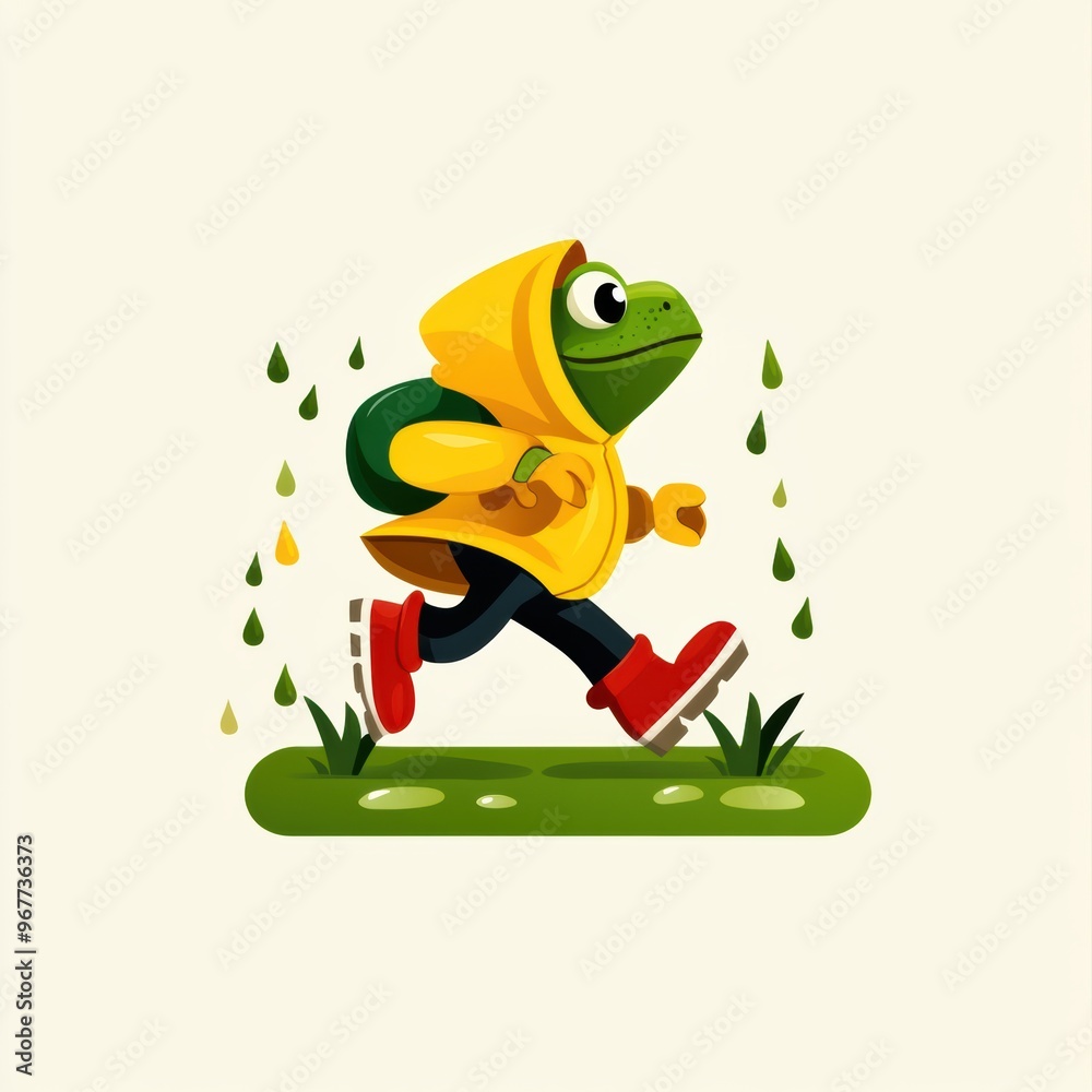 Obraz premium A cheerful turtle character in a yellow raincoat, splashing through puddles in a vibrant, playful design.