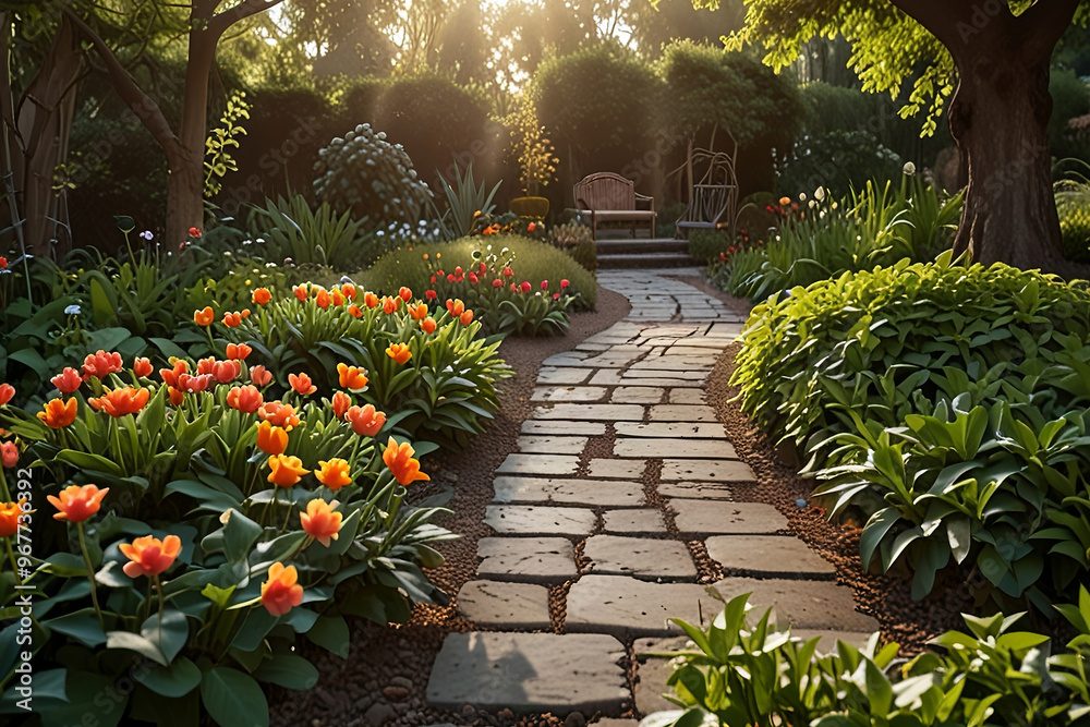 Serene morning in a tranquil garden, filled with soft sunlight, blooming flowers, and the gentle rustling of leaves, evoking peace and calm Serene morning in a tranquil garden, filled with soft sunlight, blooming flowers, and the gentle rustling of leaves, evoking peace and calm