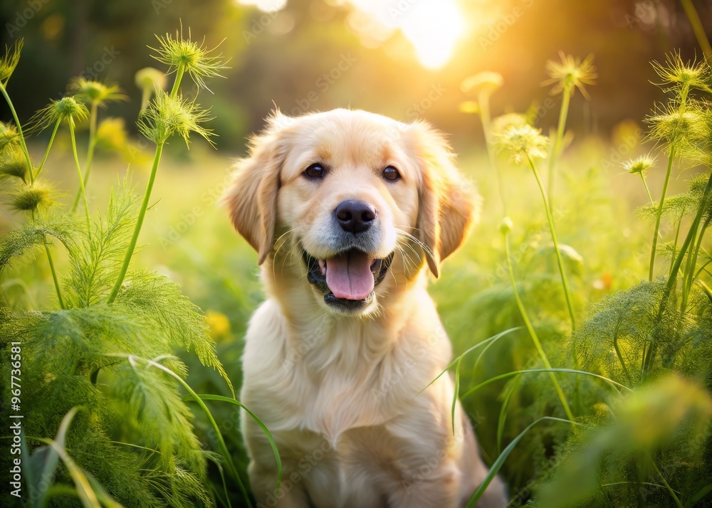 Adorable golden retriever puppy happily explores a lush green meadow filled with tall, feathery fennel plants and warm