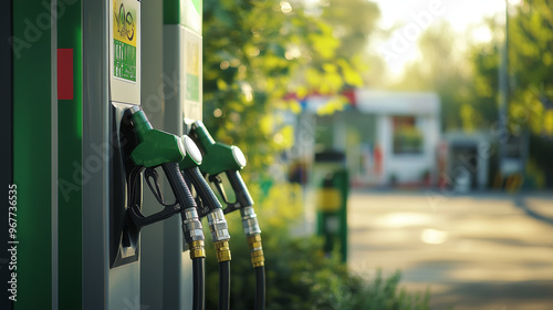 Green eco fuel pump and petrol station sign, representing ecological fuel. 