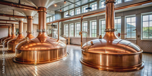 Interior of a beer brewery featuring traditional fermenting copper vats, beer, brewery, copper vats, fermentation