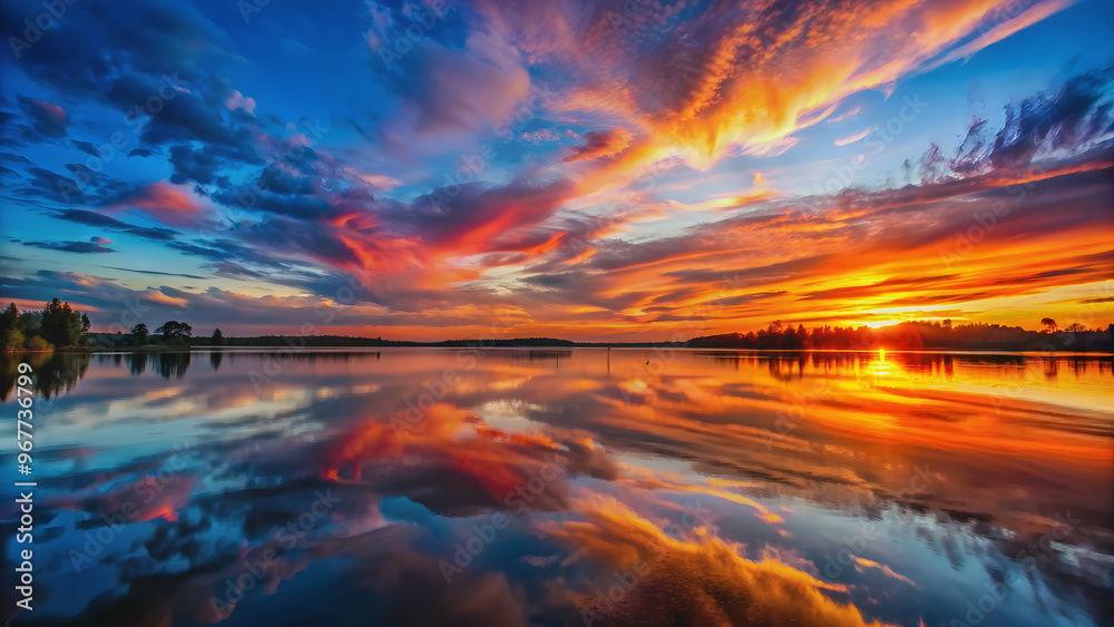 Mesmerizing sunset over a still lake reflecting red, orange, and blue hues , sunset, lake, reflection, water, vibrant, peaceful