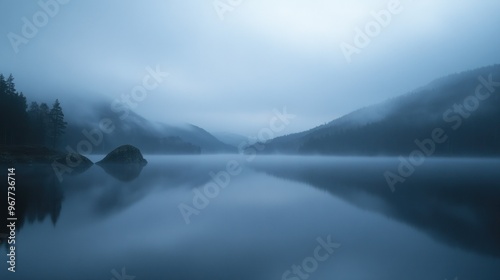A serene, misty lake surrounded by mountains, evoking tranquility and reflection.