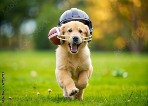 Adorable golden retriever puppy wearing a miniature football helmet and holding a toy football in its mouth, running photo