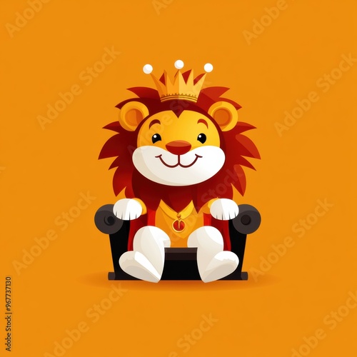 A cute cartoon lion wearing a crown, sitting on a throne against an orange background, perfect for children's themes.