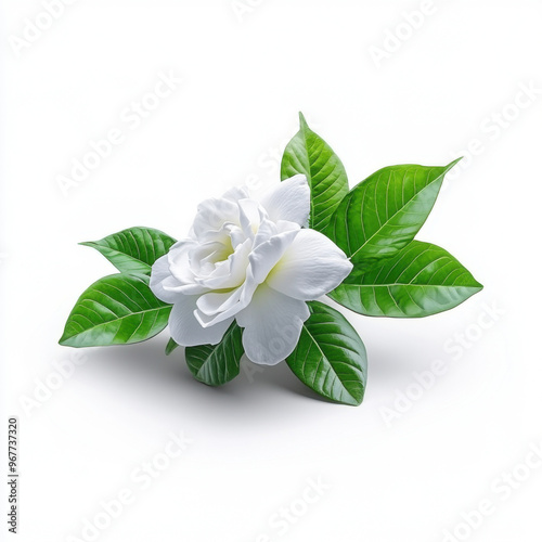 A fresh, white gardenia flower resting on vibrant green leaves, isolated on a clean white background, symbolizing purity and elegance.