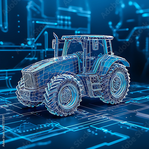 Wallpaper Mural Abstract polygonal 3D wireframe of modern tractor on technological blue background. Torontodigital.ca