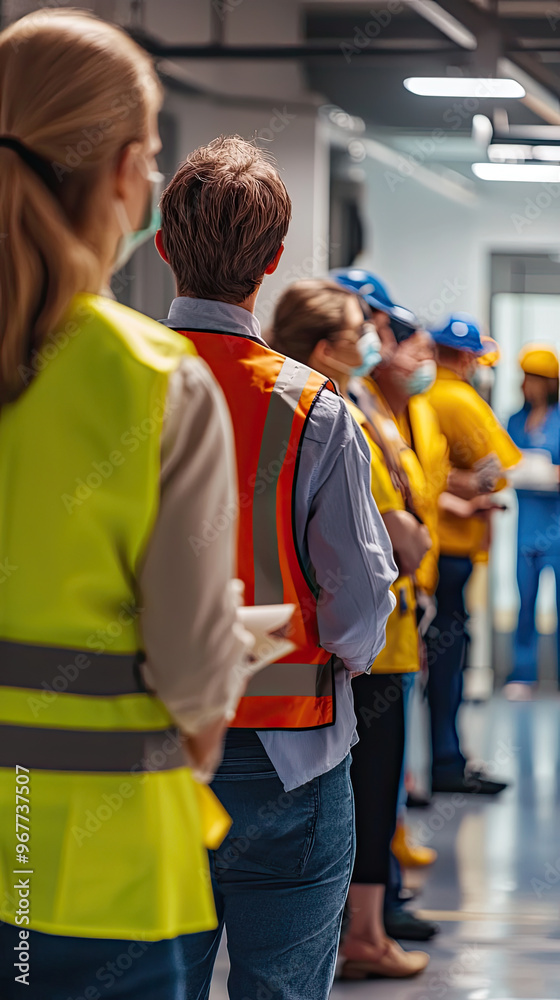 A group of people participating in safety drill, wearing safety vests and masks, lined up in corridor. atmosphere is focused and serious as they prepare for drill