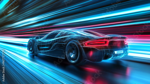 High-speed sport car concept with abstract tech background. 