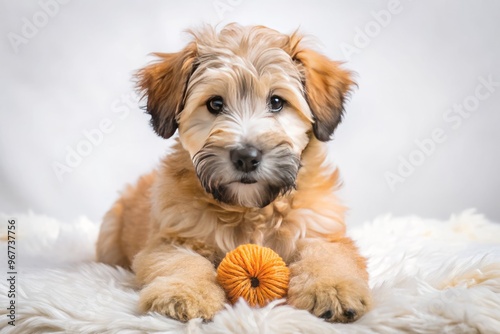 Adorable soft-coated Wheaten Terrier puppy with fluffy golden fur and big brown eyes plays with a toy on photo